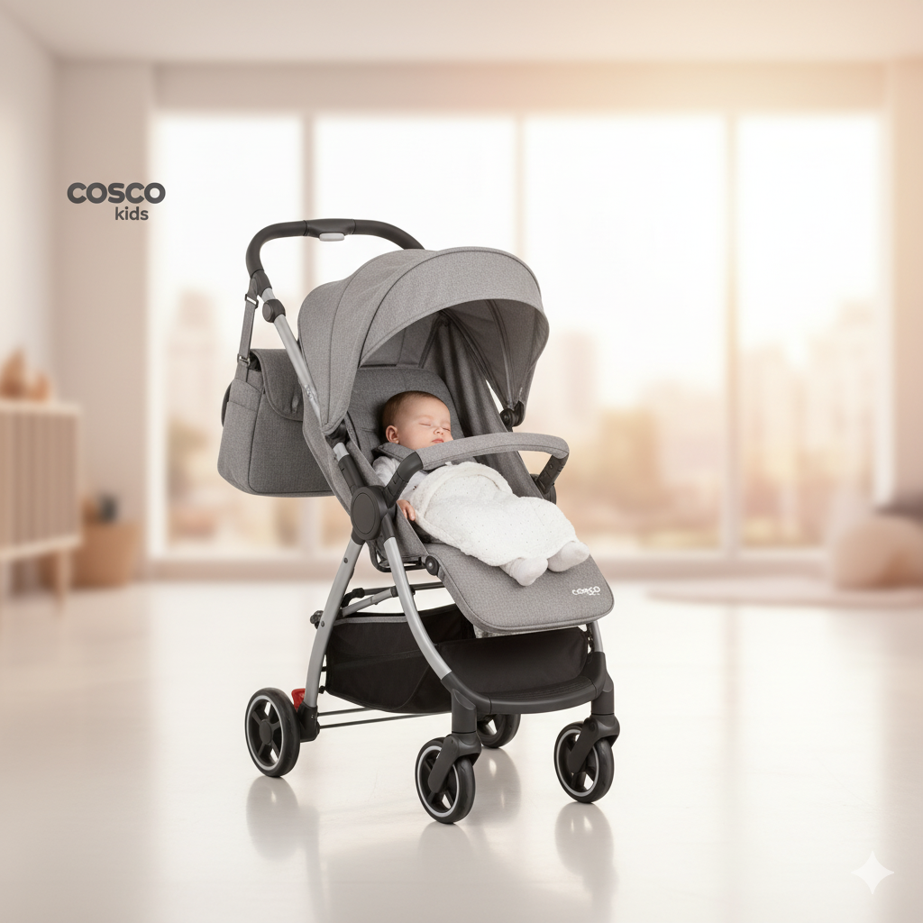 Carrinho de bebê Cosco Kids na cor cinza com bebê dormindo confortavelmente